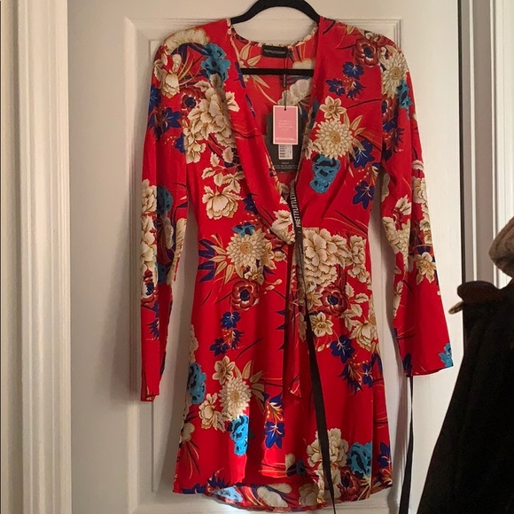 Red Floral Wrap Dress - PLT - Picture 1 of 2